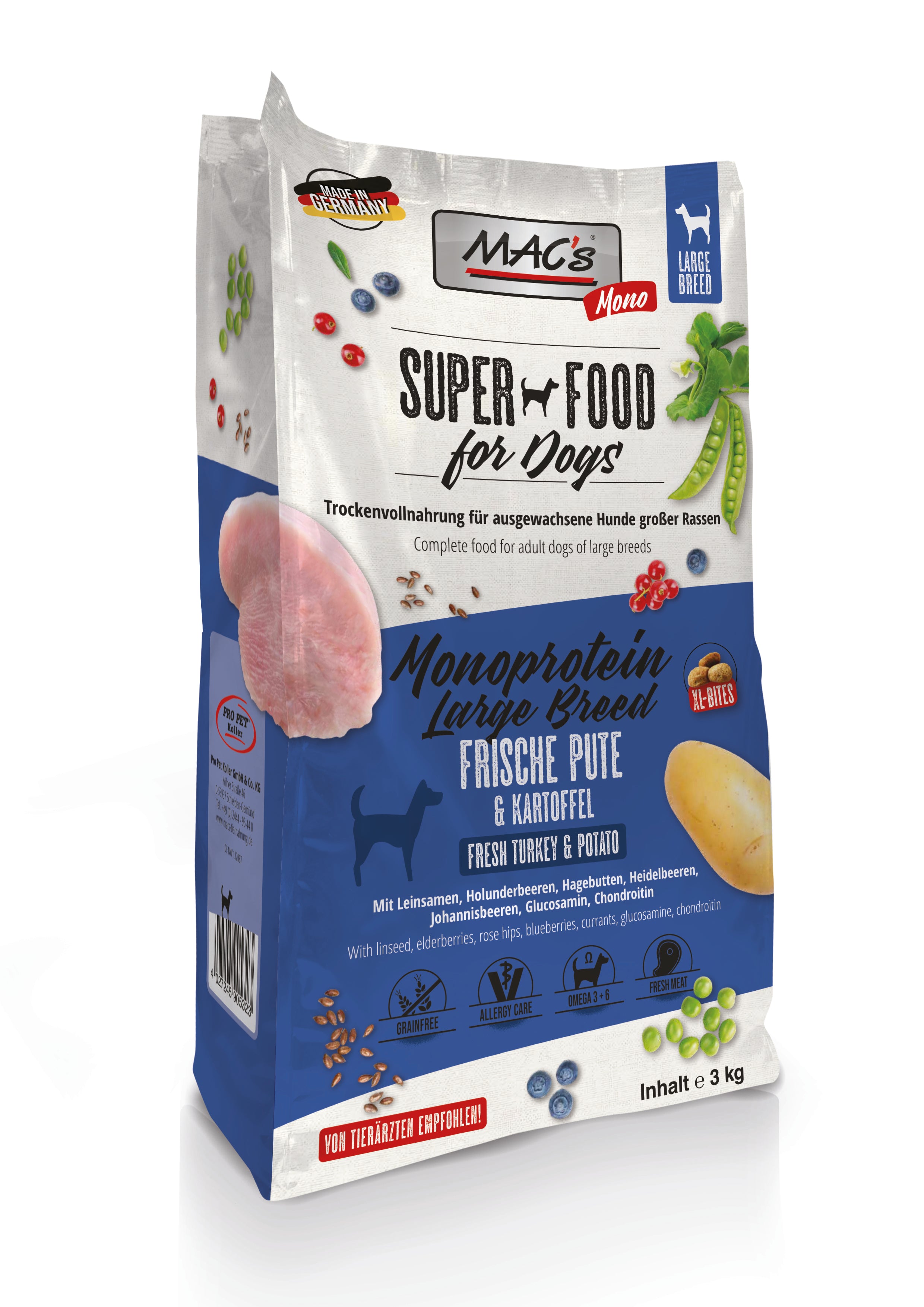 MAC's Dog Mono Adult Trockenfutter Large Breed frische Pute 3 kg