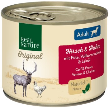 REAL NATURE Original Nassfutter für Hunde Adult Hirsch und Huhn 24x200 g