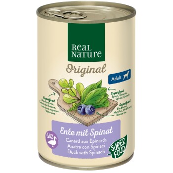 REAL NATURE Original Superfood Nassfutter für Hunde Adult Ente mit Spinat 24x400 g