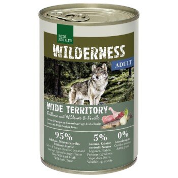 REAL NATURE WILDERNESS Nassfutter für Hunde Adult Wide Territory, Feldhase mit Wildente und Forelle 24x400 g