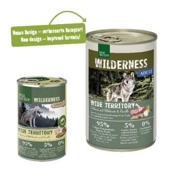 REAL NATURE WILDERNESS Nassfutter für Hunde Adult Wide Territory, Feldhase mit Wildente und Forelle 24x400 g