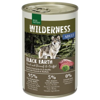 REAL NATURE WILDERNESS Nassfutter für Hunde Adult Black Earth, Rind mit Strauß und Büffel 24x400 g