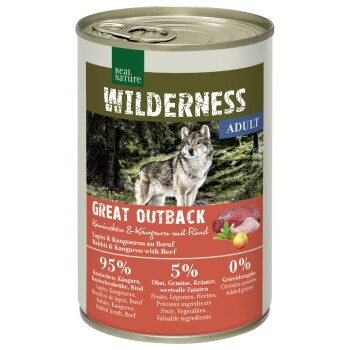 REAL NATURE WILDERNESS Nassfutter für Hunde Adult Great Outback, Kaninchen, Känguru und Rind 24x400 g