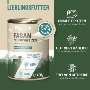 REAVET Hundenassfutter - Fasan mit Buchweizen an Kürbis & Himbeeren | 6 x 800g