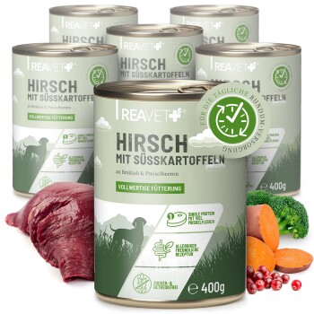 REAVET Hundenassfutter - Hirsch mit Süßkartoffel an Brokkoli & Preiselbeeren | 6 x 400g
