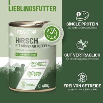 REAVET Hundenassfutter - Hirsch mit Süßkartoffel an Brokkoli & Preiselbeeren | 6 x 400g