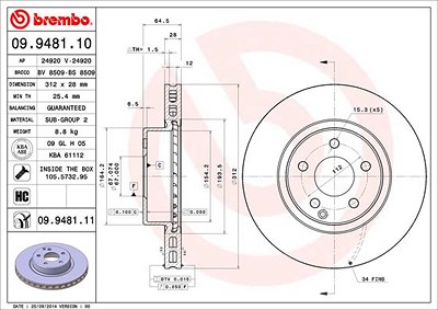 BREMBO Bremsscheibe 09.9481.11 Bremsscheiben,Scheibenbremsen MERCEDES-BENZ,E-Klasse Limousine (W211),E-Klasse T-modell (S211),CLS (C219)