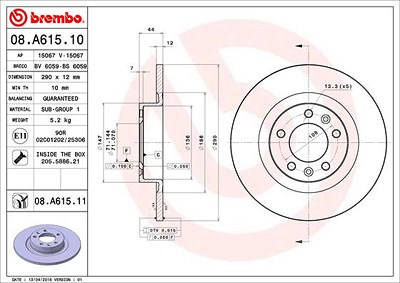 BREMBO Bremsscheibe 08.A615.11 Bremsscheiben,Scheibenbremsen PEUGEOT,508 SW I (8E_),508 I (8D_) Limousine,508 I SW Kasten / Kombi (8E_)