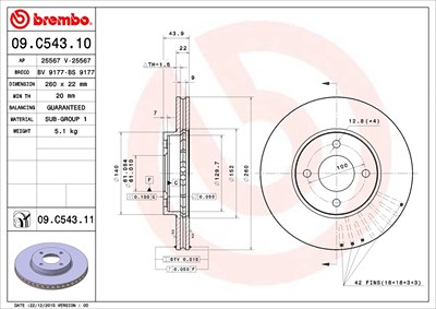 BREMBO Bremsscheibe 09.C543.11 Bremsscheiben,Scheibenbremsen NISSAN,MICRA IV (K13),NOTE (E12)