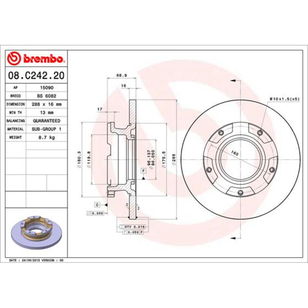 BREMBO Bremsscheibe 08.C242.20 Bremsscheiben,Scheibenbremsen FORD,Transit V363 Kastenwagen (FCD, FDD),Transit Custom V362 Kastenwagen (FY, FZ)