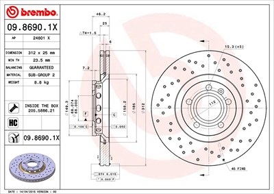 BREMBO Bremsscheibe 09.8690.1X Bremsscheiben,Scheibenbremsen VW,AUDI,SKODA,PASSAT Variant (3B6),PASSAT (3B3),A4 Avant (8ED, B7),A4 Avant (8E5, B6)