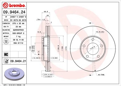 BREMBO Bremsscheibe 09.9464.21 Bremsscheiben,Scheibenbremsen MAZDA,5 (CR19),3 (BK),3 (BL),5 (CW),PREMACY (CP),3 Stufenheck (BK),3 Stufenheck (BL)