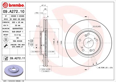 BREMBO Bremsscheibe 09.A272.11 Bremsscheiben,Scheibenbremsen HONDA,Accord VII Limousine (CL, CN),Accord VII Tourer (CM, CN),ACCORD VII (CM)