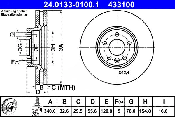 ATE Bremsscheibe 24.0133-0100.1 Bremsscheiben,Scheibenbremsen VW,Transporter V Bus (7HB, 7HJ, 7EB, 7EJ, 7EF, 7EG, 7HF, 7EC)