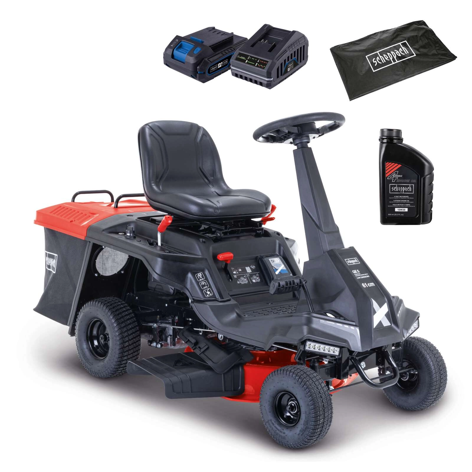 Benzin-Aufsitzrasenmäher MR235-61 Scheppach - 6,0PS | 61cm Schnittbreite | 150L Korb | LED Leuchte | E-Start | 4Vorwärtsgänge | inkl. Öl & Abdeckhaube