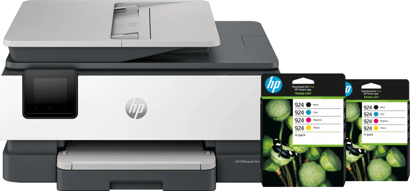 HP OfficeJet Pro 8124e + 2 schwarze Patronen + 2 Farbpatronen