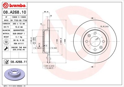 BREMBO Bremsscheibe 08.A268.11 Bremsscheiben,Scheibenbremsen RENAULT,DACIA,SMART,TWINGO I (C06_),TWINGO II (CN0_),TWINGO I Kasten (S06_)