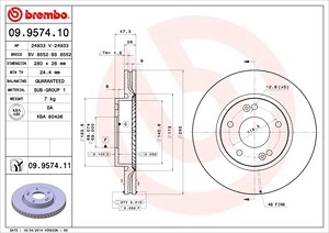 BREMBO Bremsscheibe 09.9574.11 Bremsscheiben,Scheibenbremsen HYUNDAI,KIA,TUCSON (JM),COUPE (GK),SONATA V (NF),TIBURON Coupe,SPORTAGE (JE_, KM_)