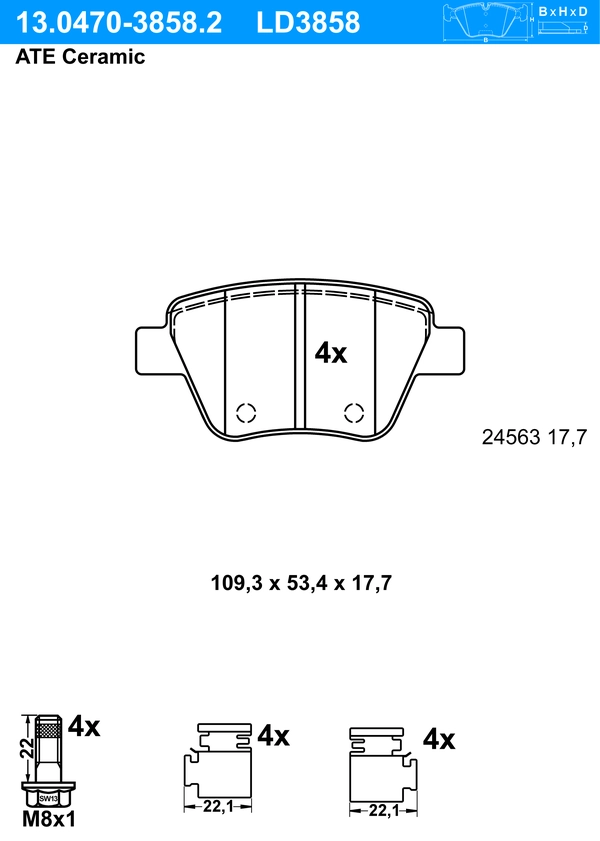 ATE Bremsbelagsatz 13.0470-3858.2 Bremsbeläge,Bremsklötze VW,AUDI,SKODA,TOURAN (1T1, 1T2),GOLF VI (5K1),Caddy III Kombi (2KB, 2KJ, 2CB, 2CJ)