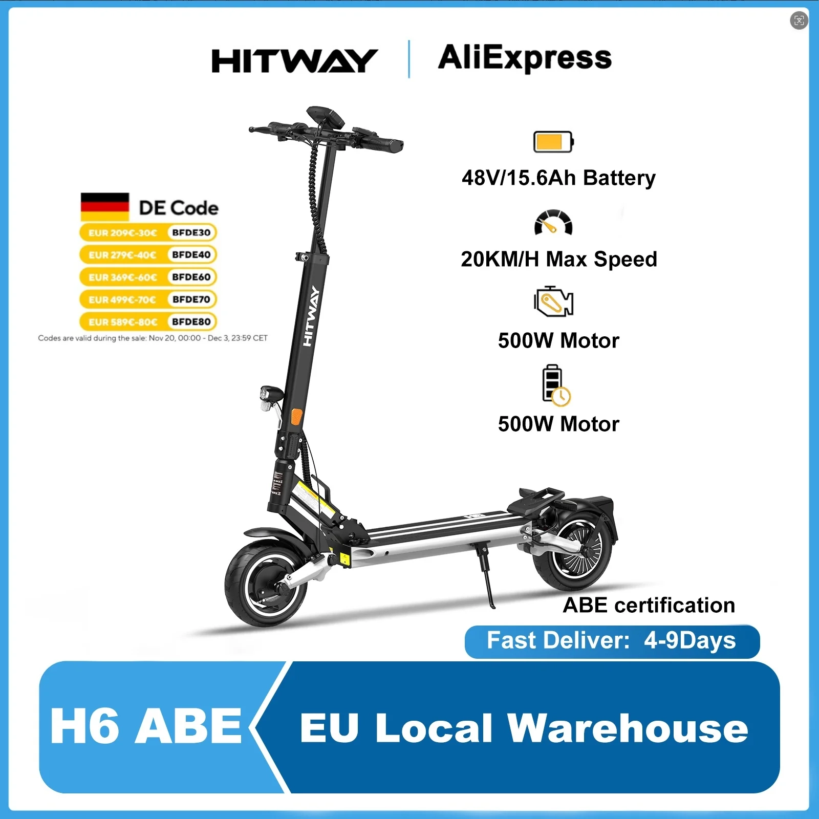 HITWAY H6 Elektroroller mit aufblasbaren All-Terrain-Reifen für Zoll, 500 Motor W, 15,6 Ah Akku, 70 km Reichweite