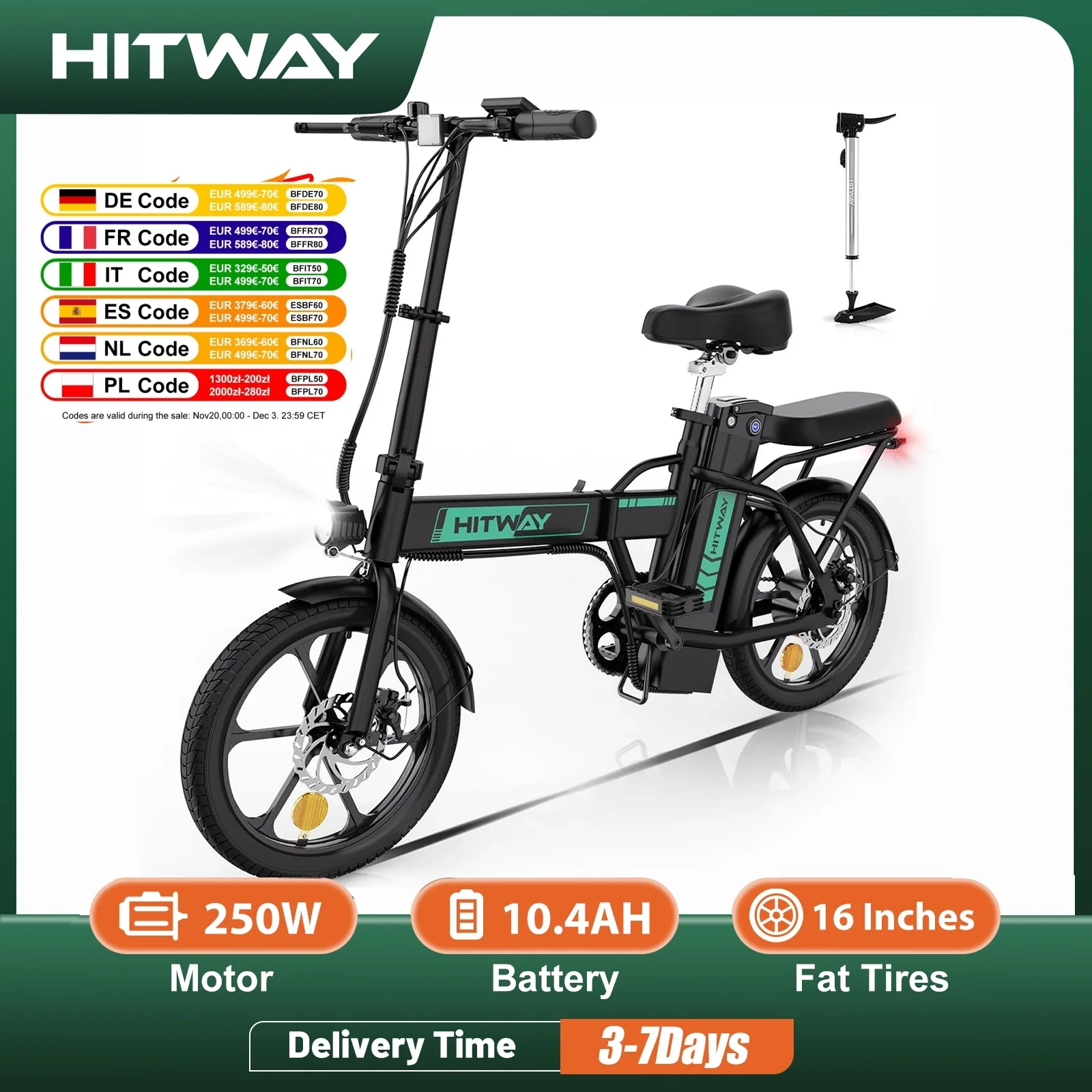HITWAY Elektrofahrrad E-Bike faltbares Stadtfahrrad Lithiumbatterie 36V/10,4Ah, elektrische Kilometerstand kann 35-70k erreichen
