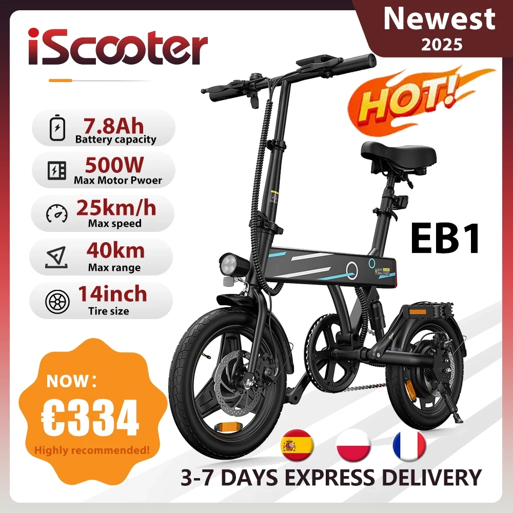 iScooter EB1 Elektrofahrrad, 250 W Motor, 36 V 7,8 Ah Lithiumbatterie, 25 km Hochgeschwindigkeits-Stadt-E-Bike mit 14 Zoll faltbar für Erwachsene