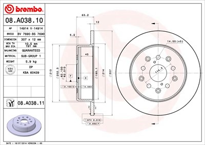 BREMBO Bremsscheibe 08.A038.11 Bremsscheiben,Scheibenbremsen TOYOTA,LEXUS,Altezza (_E1_),ALTEZZA GITA (SXE1_, GXE1_),IS I (JCE1_, GXE1_)