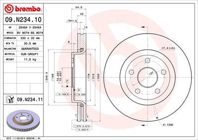 BREMBO Bremsscheibe 09.N234.11 Bremsscheiben,Scheibenbremsen JEEP,DODGE,GRAND CHEROKEE IV (WK, WK2),Durango (WD)