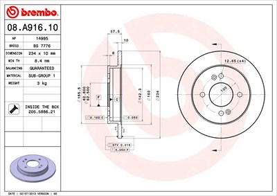 BREMBO Bremsscheibe 08.A916.10 Bremsscheiben,Scheibenbremsen HYUNDAI,KIA,i10 (PA),Picanto (SA),PICANTO (TA),PICANTO (JA)