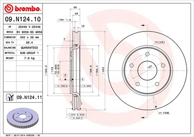 BREMBO Bremsscheibe 09.N124.11 Bremsscheiben,Scheibenbremsen FIAT,CHRYSLER,DODGE,Freemont (345_),GRAND VOYAGER V (RT),Journey MPV