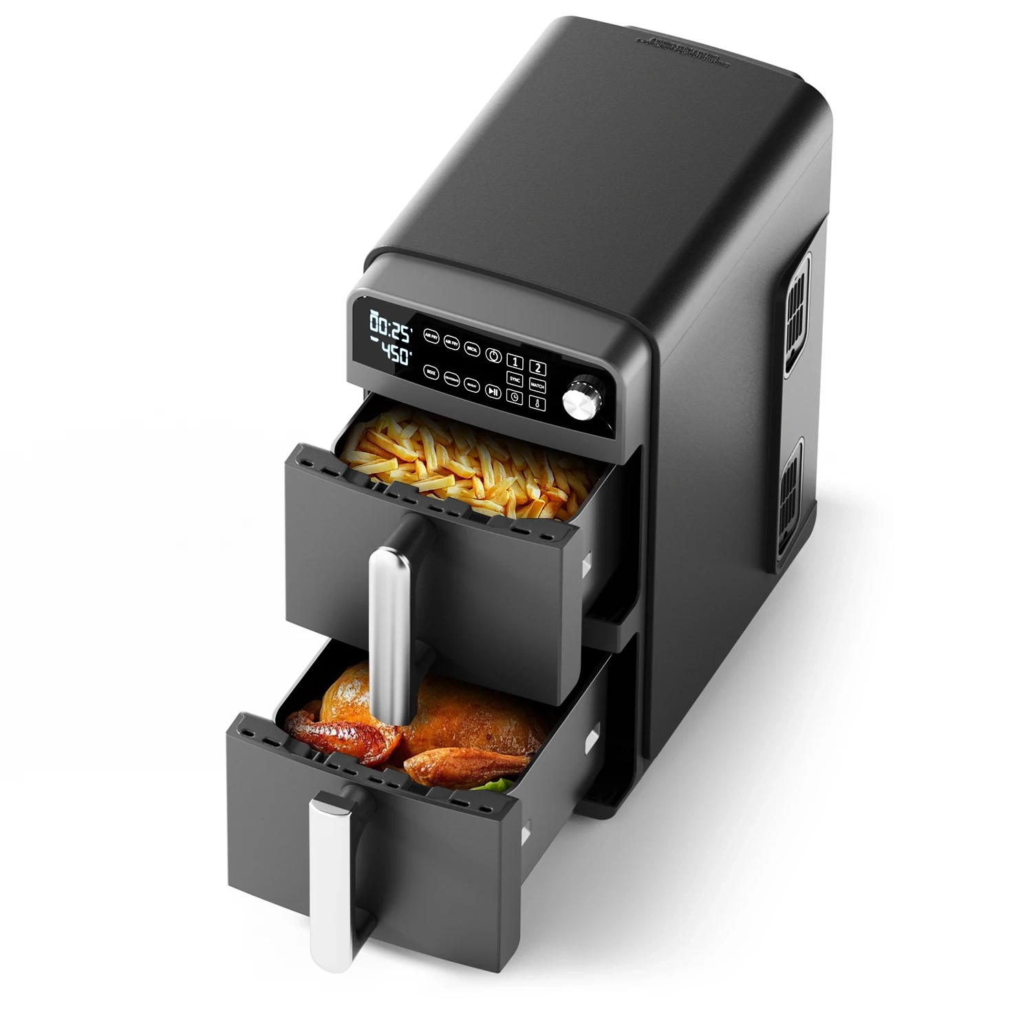 Double Stack XXL Heißluftfritteuse, 2 vertikale Schubladen, 4 Kochstufen, 2 Einschübe, platzsparendes Design, 10 L Fassungsvermögen, 6 Funktionen, Schwarz