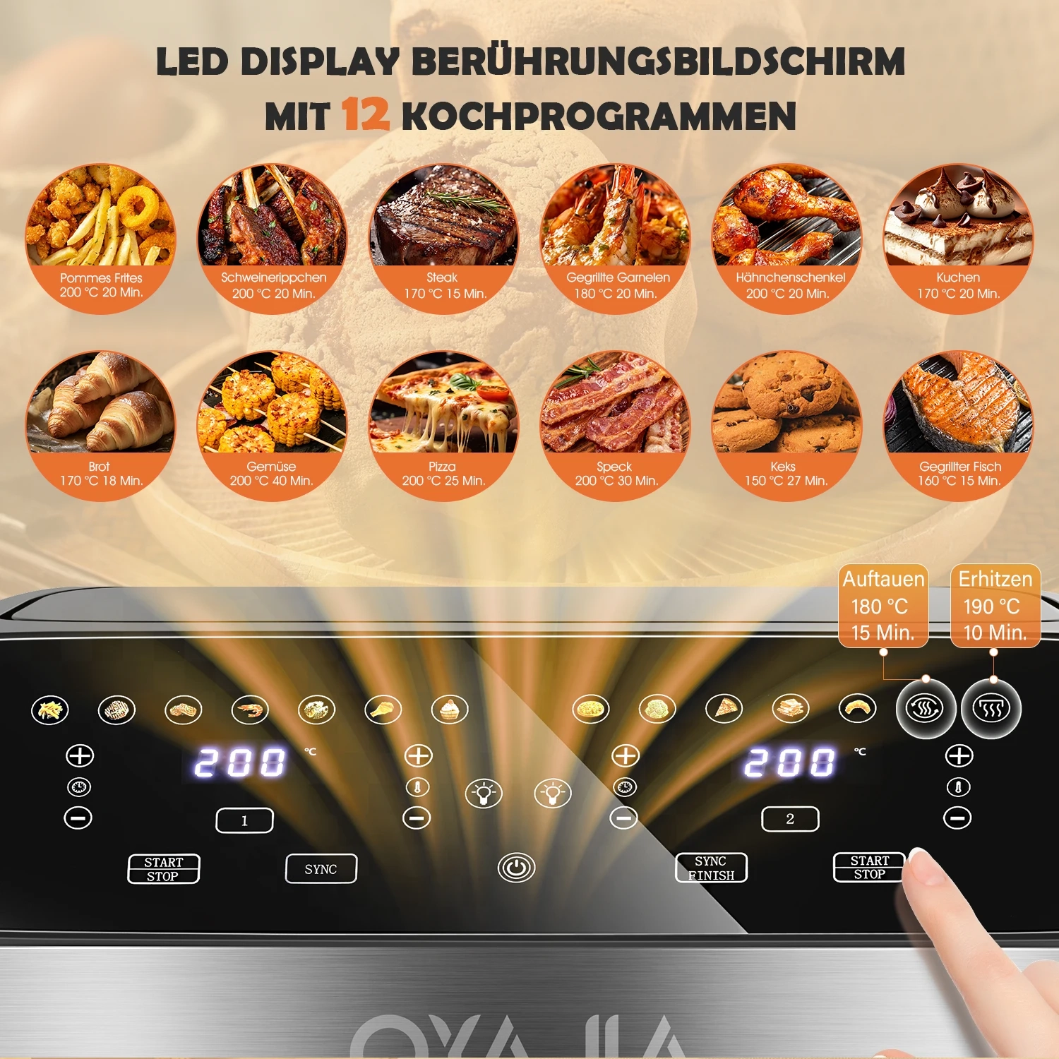 10-Liter-Heißluftfritteuse, ein- oder Doppelkammer, verstellbar, XXL-Airfryer mit Touchscreen, 12 Programmen, Auftauen & Erwärmen Heißluftfritteuse mit Sichtfenster