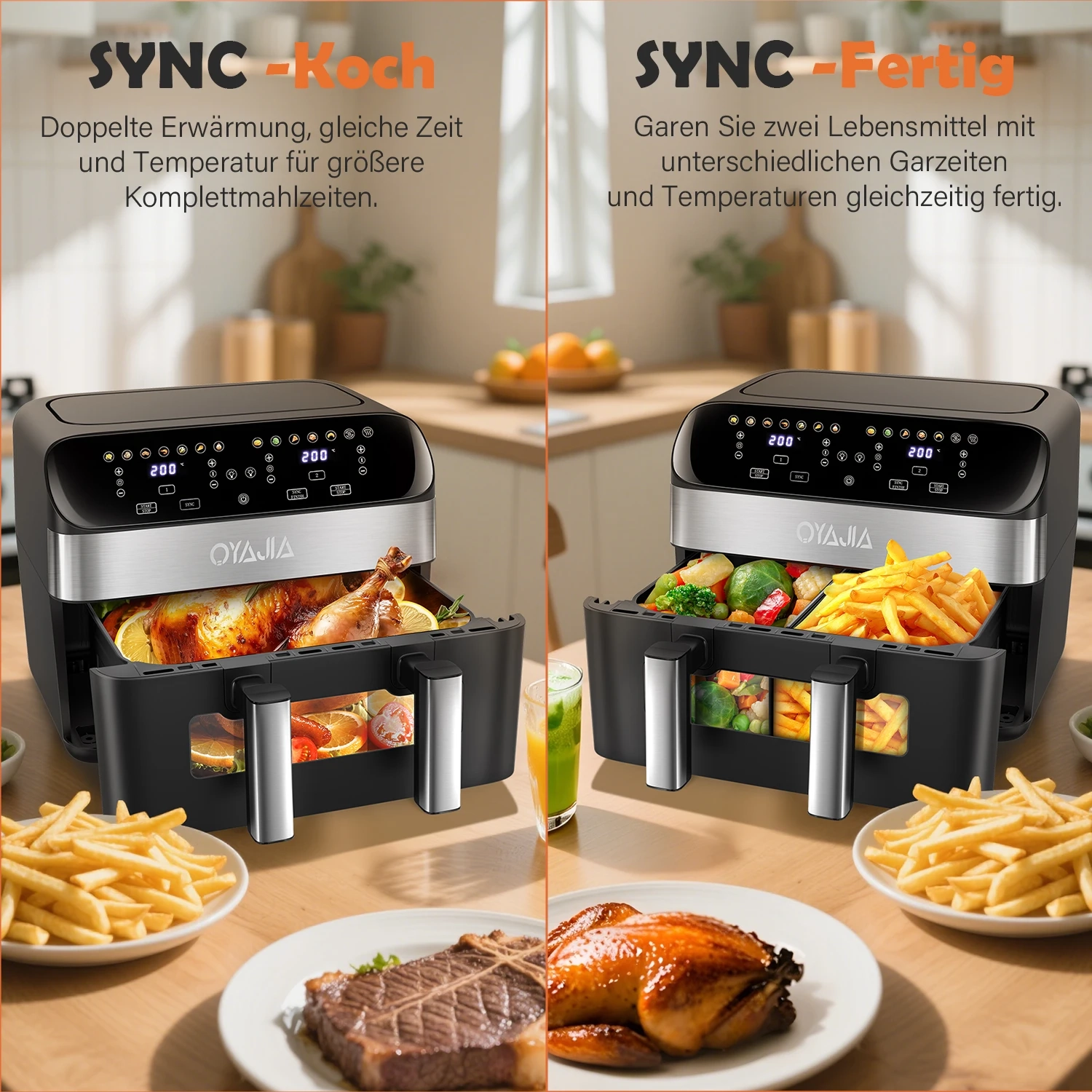 10-Liter-Heißluftfritteuse, ein- oder Doppelkammer, verstellbar, XXL-Airfryer mit Touchscreen, 12 Programmen, Auftauen & Erwärmen Heißluftfritteuse mit Sichtfenster