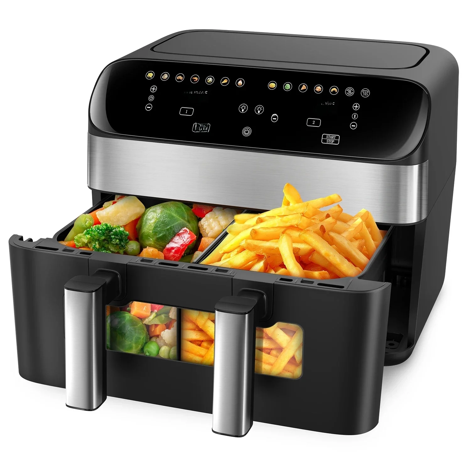 10-Liter-Heißluftfritteuse, ein- oder Doppelkammer, verstellbar, XXL-Airfryer mit Touchscreen, 12 Programmen, Auftauen & Erwärmen Heißluftfritteuse mit Sichtfenster