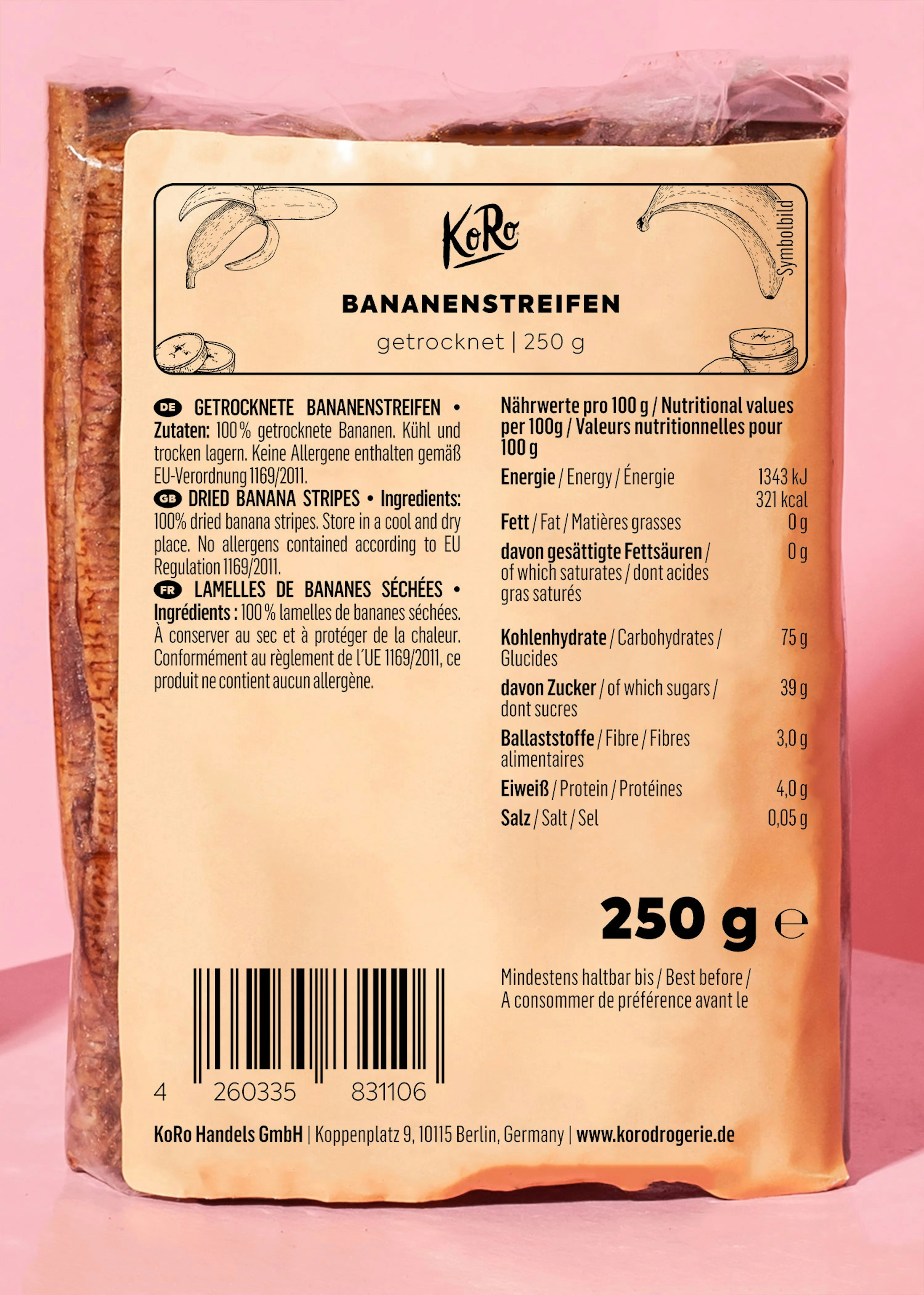 Getrocknete Bananenstreifen 250 g