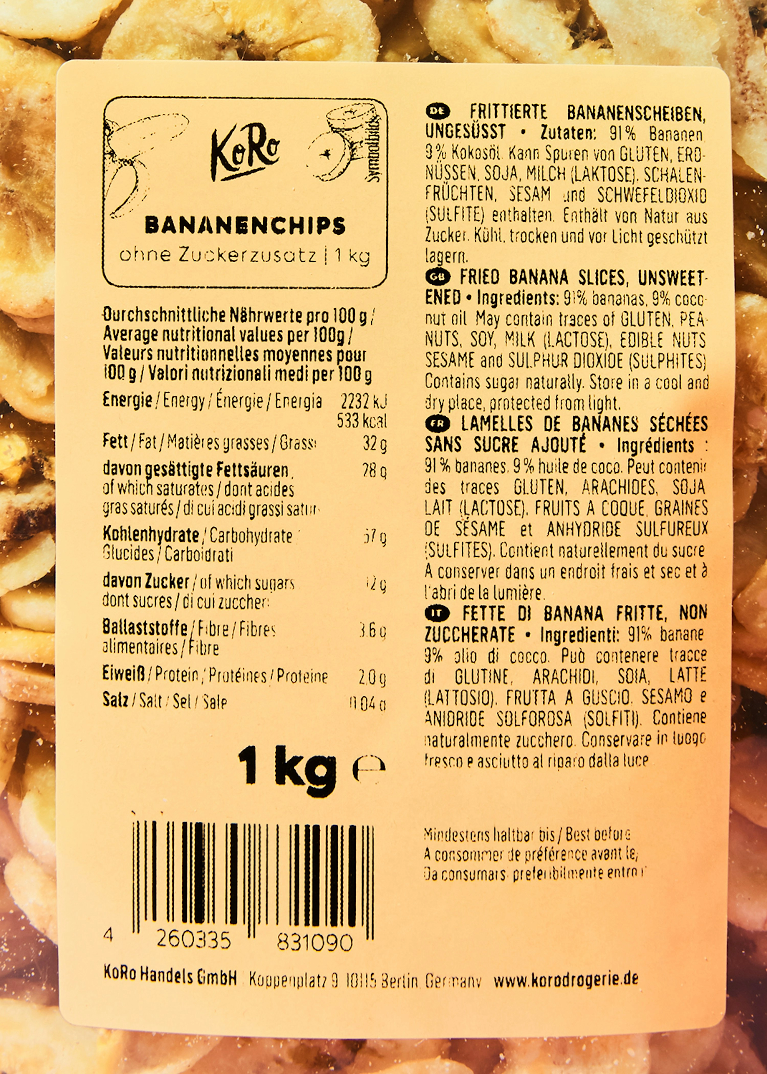 Kochbananenchips ohne Zuckerzusatz 1 kg