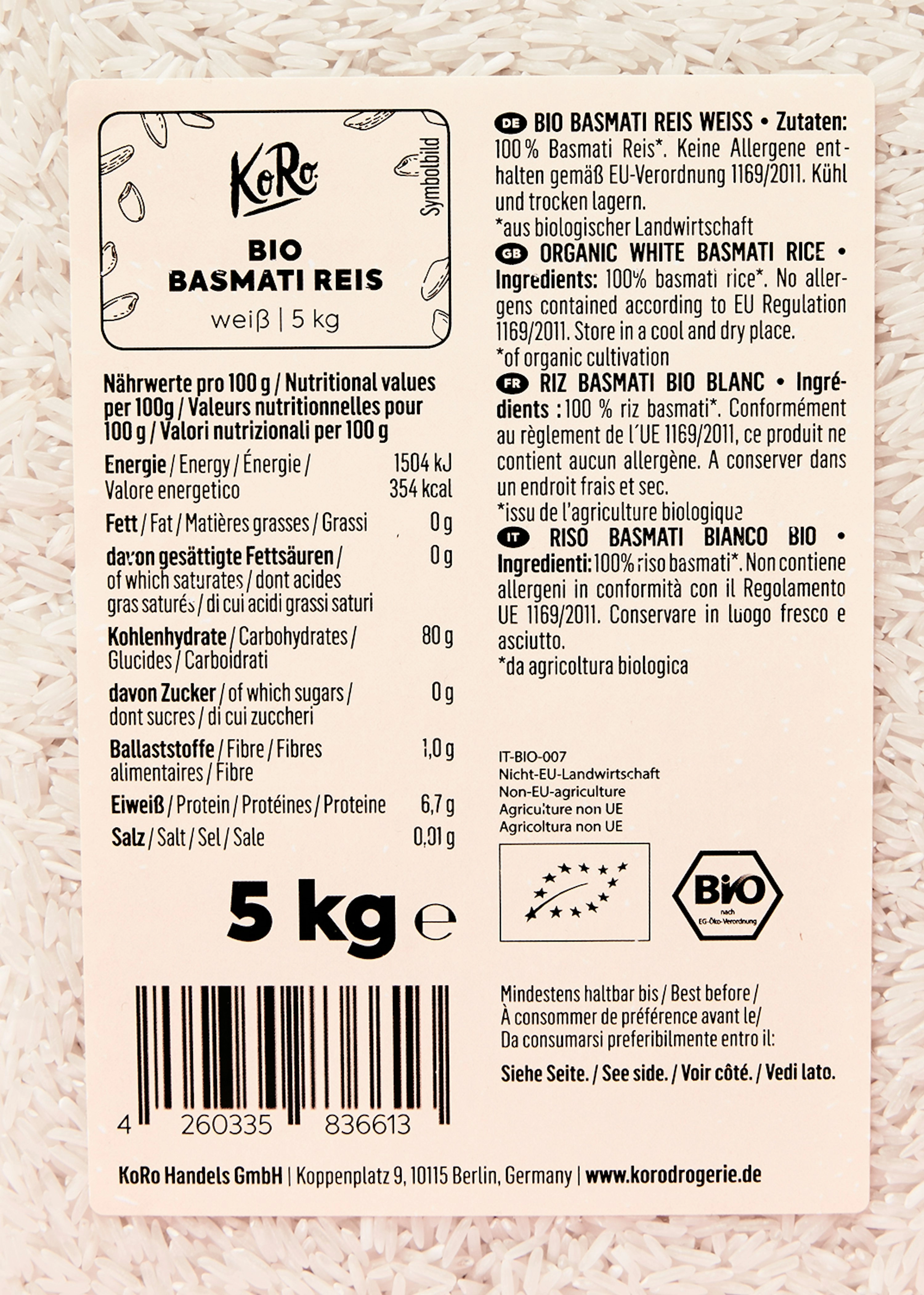 Weißer Bio Basmati Reis 5 kg