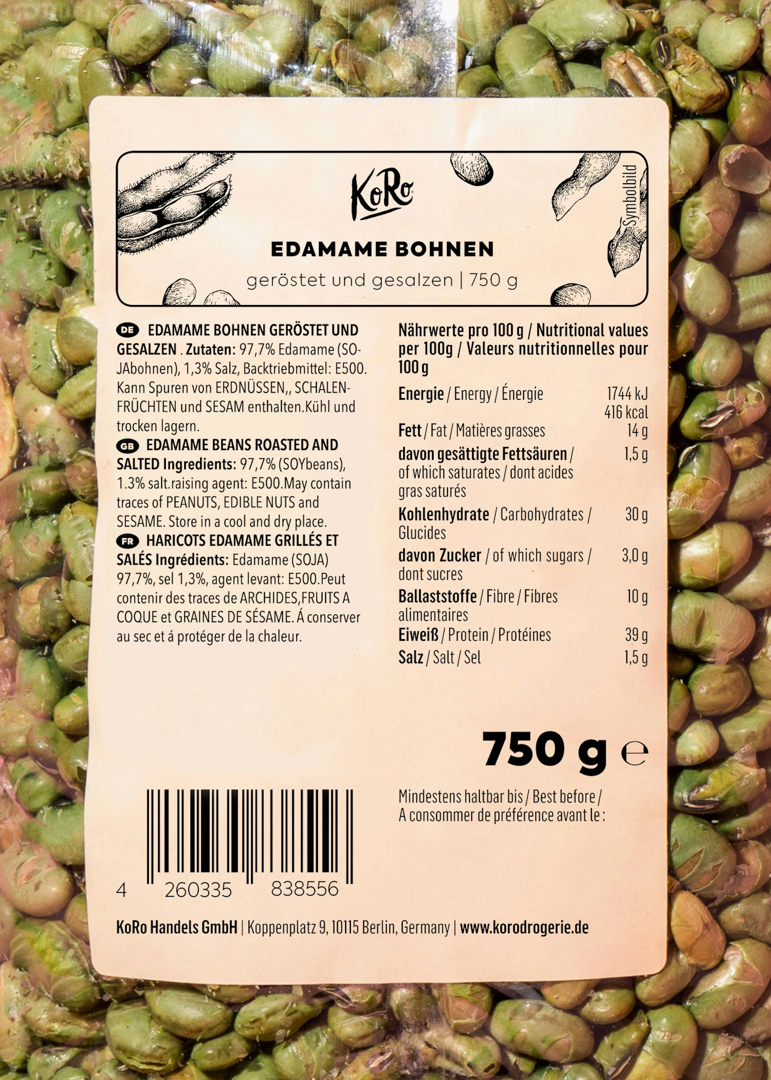 Geröstete und gesalzene Edamame Bohnen 750 g