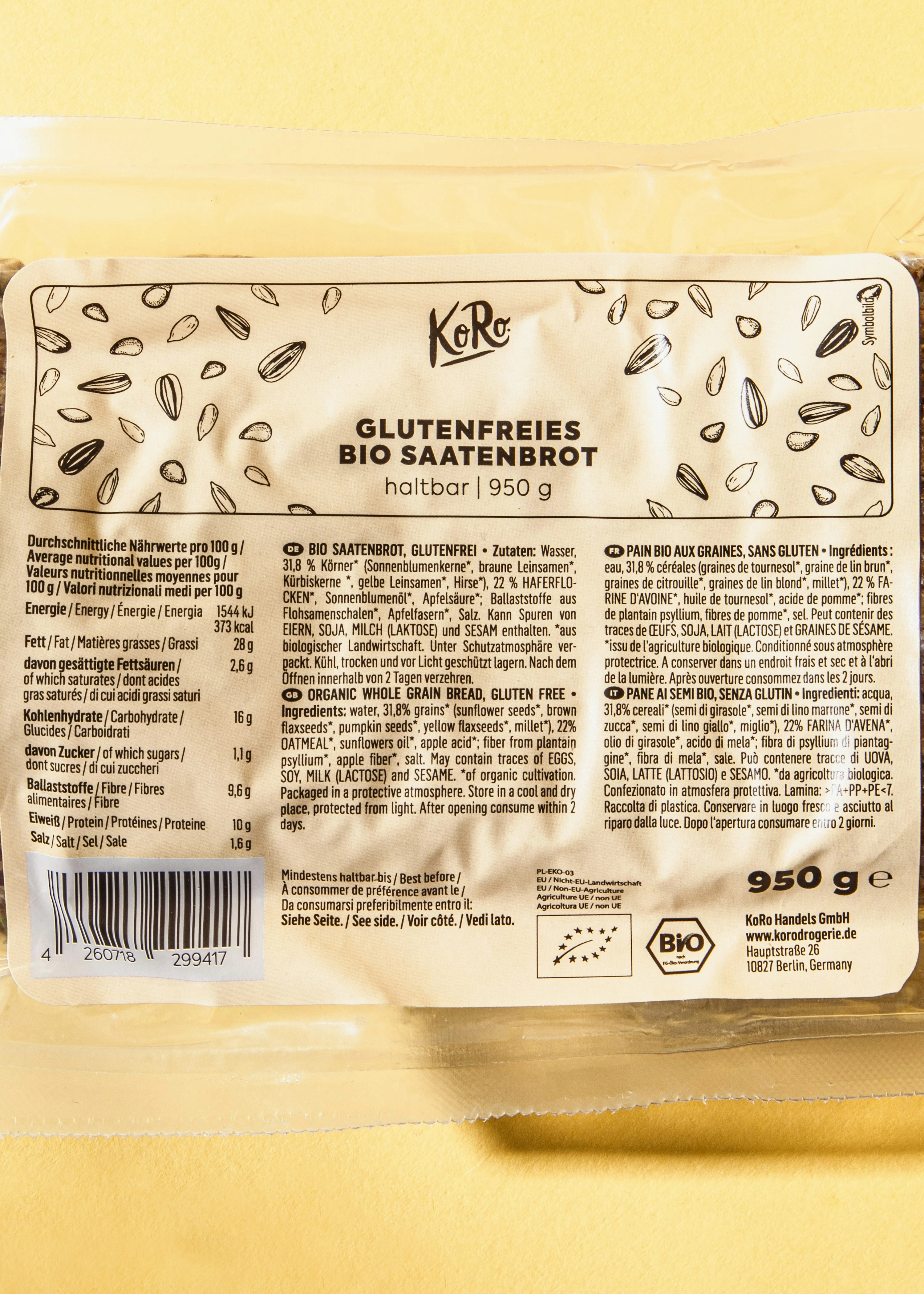 Glutenfreies Bio Saatenbrot 950 g