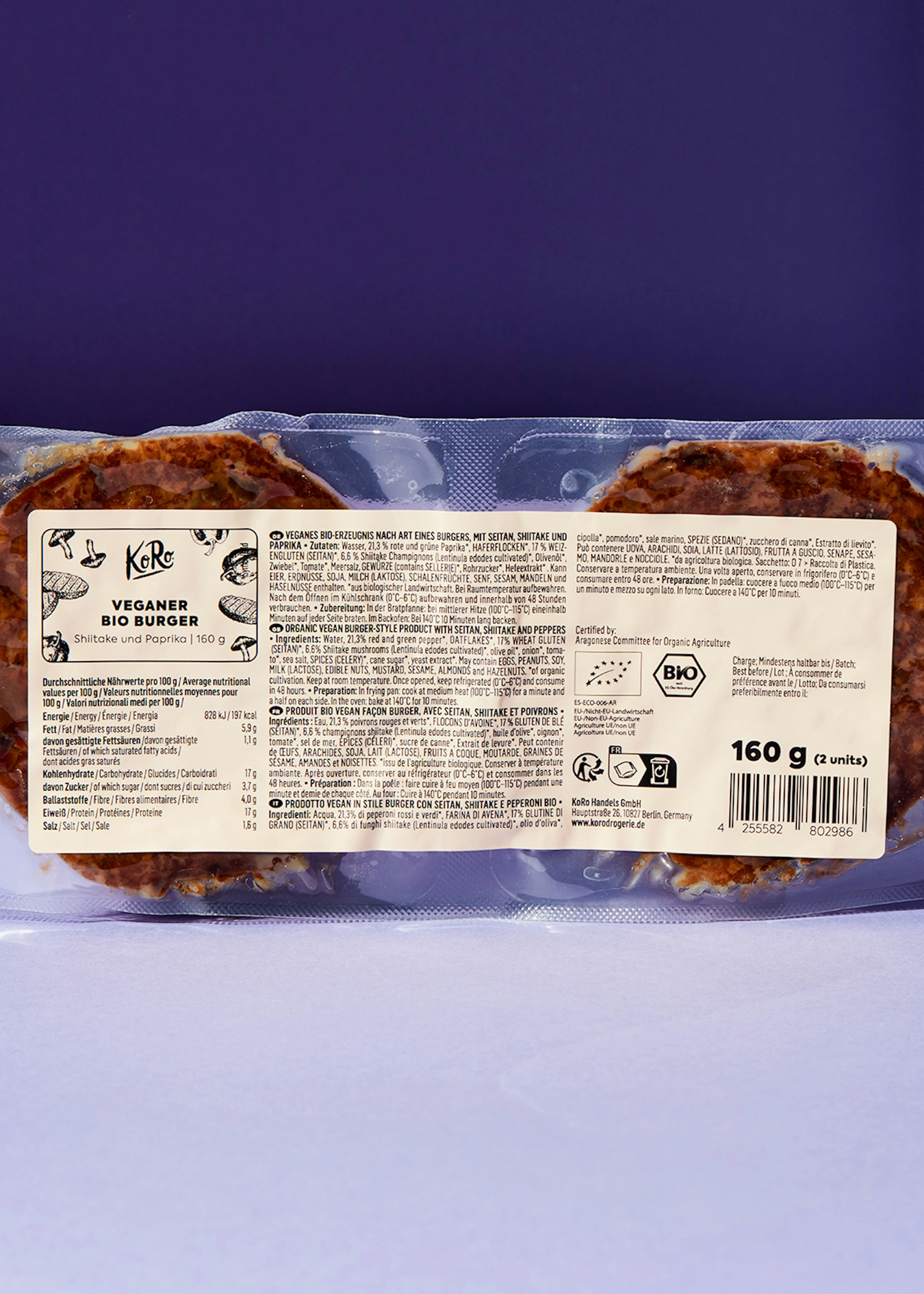 Veganer Bio Burger Shiitake und Paprika 12 x 160 g