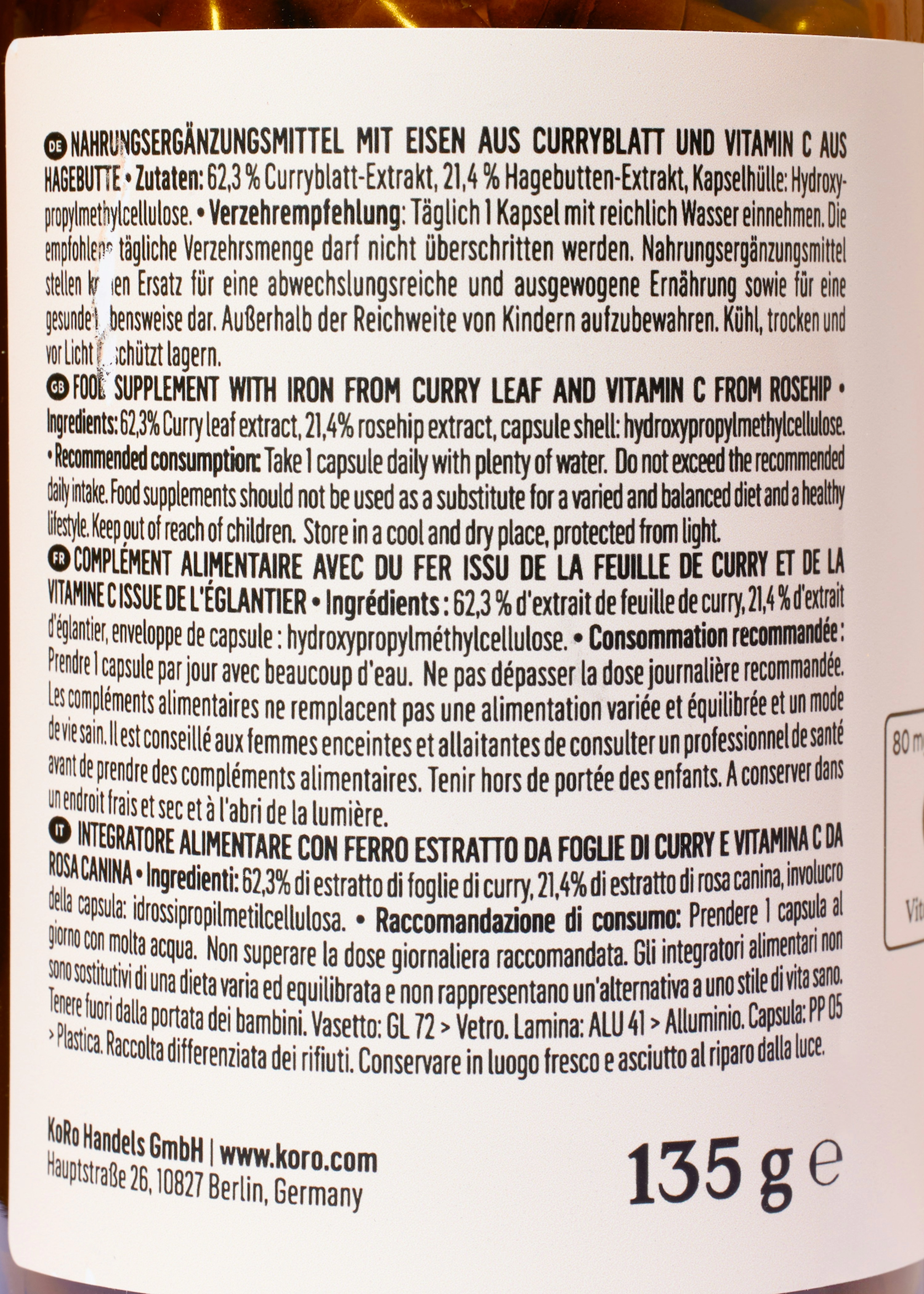 Natürliches Eisen + Vitamin C aus Curryblatt und Hagebutte Kapseln 180 Stück
