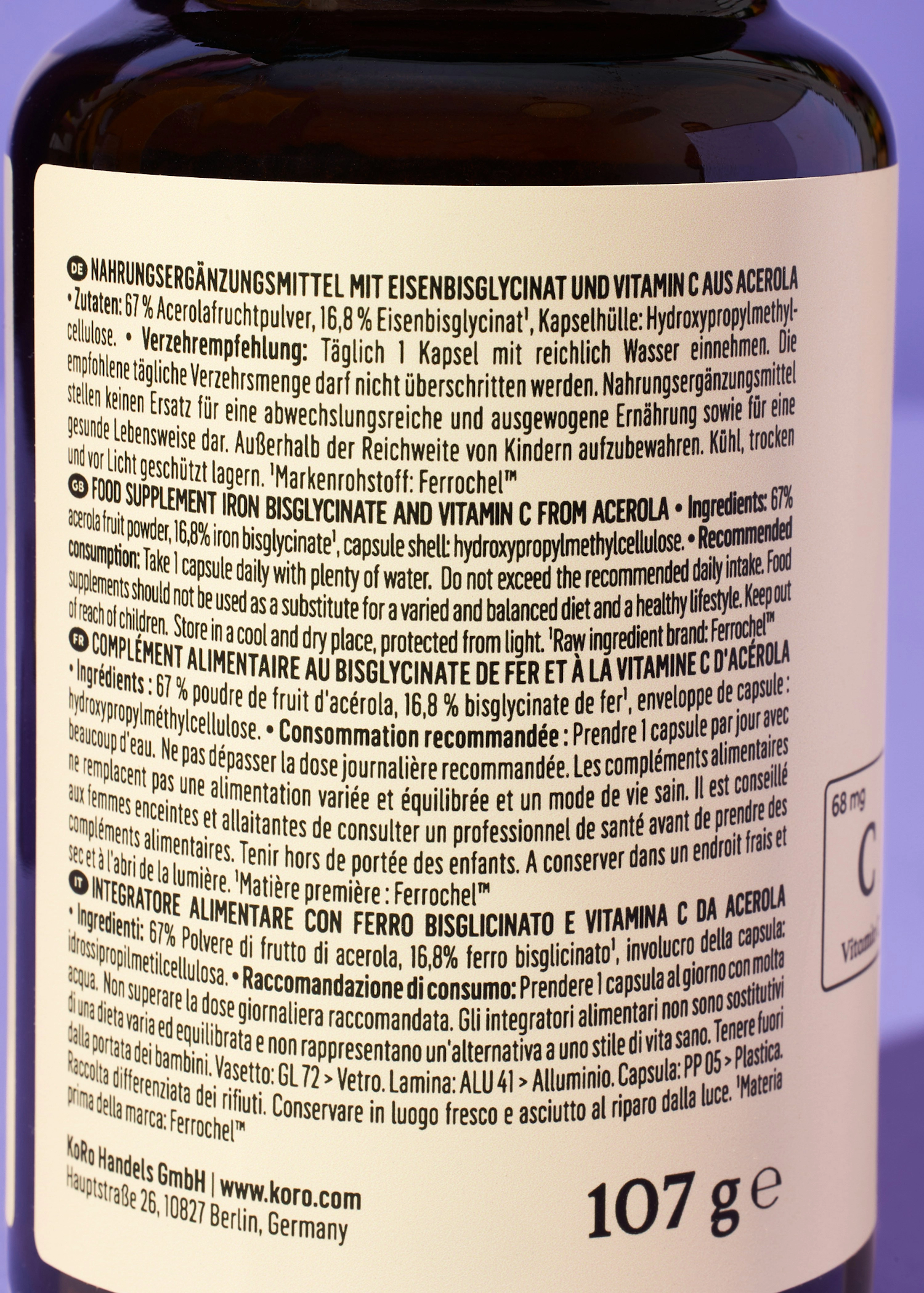 Eisenbisglycinat + Vitamin C aus Acerola Kapseln 180 Stück
