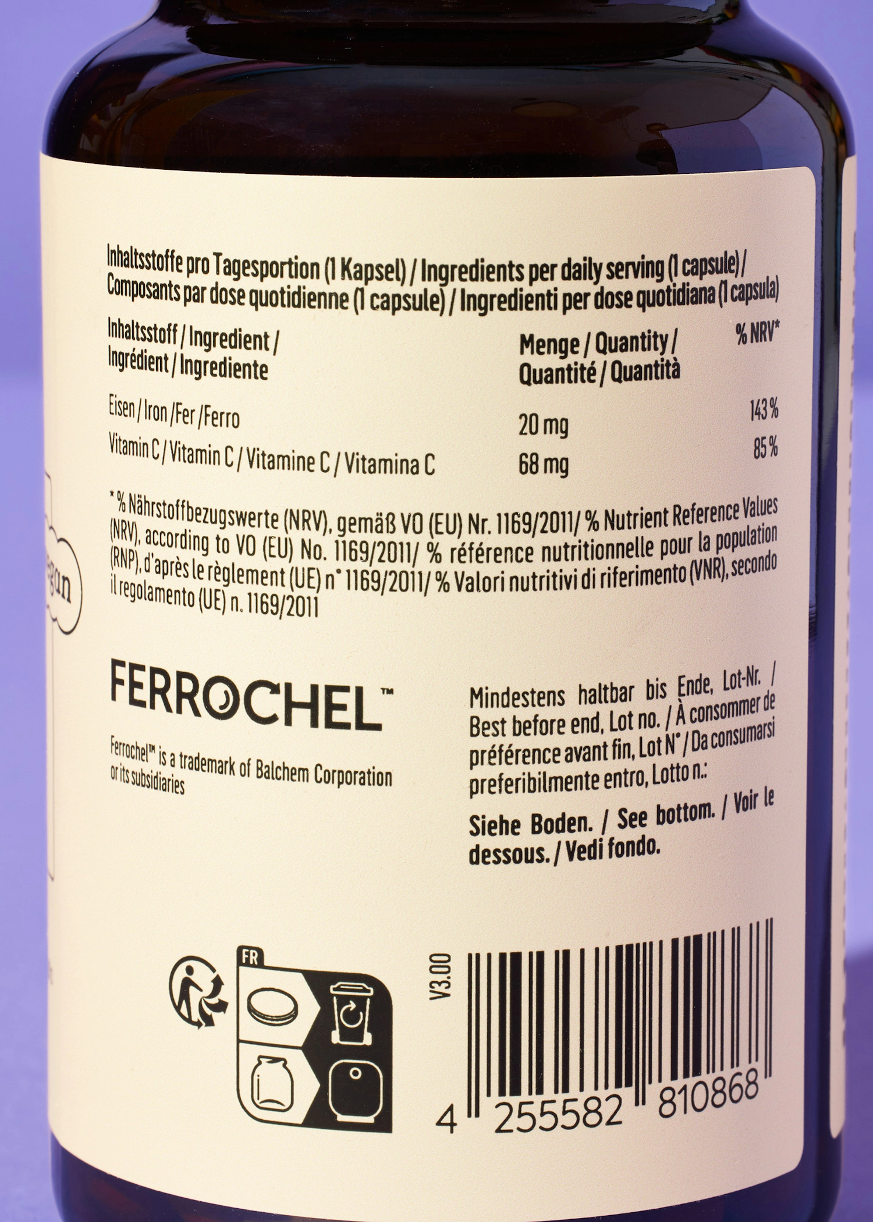 Eisenbisglycinat + Vitamin C aus Acerola Kapseln 180 Stück