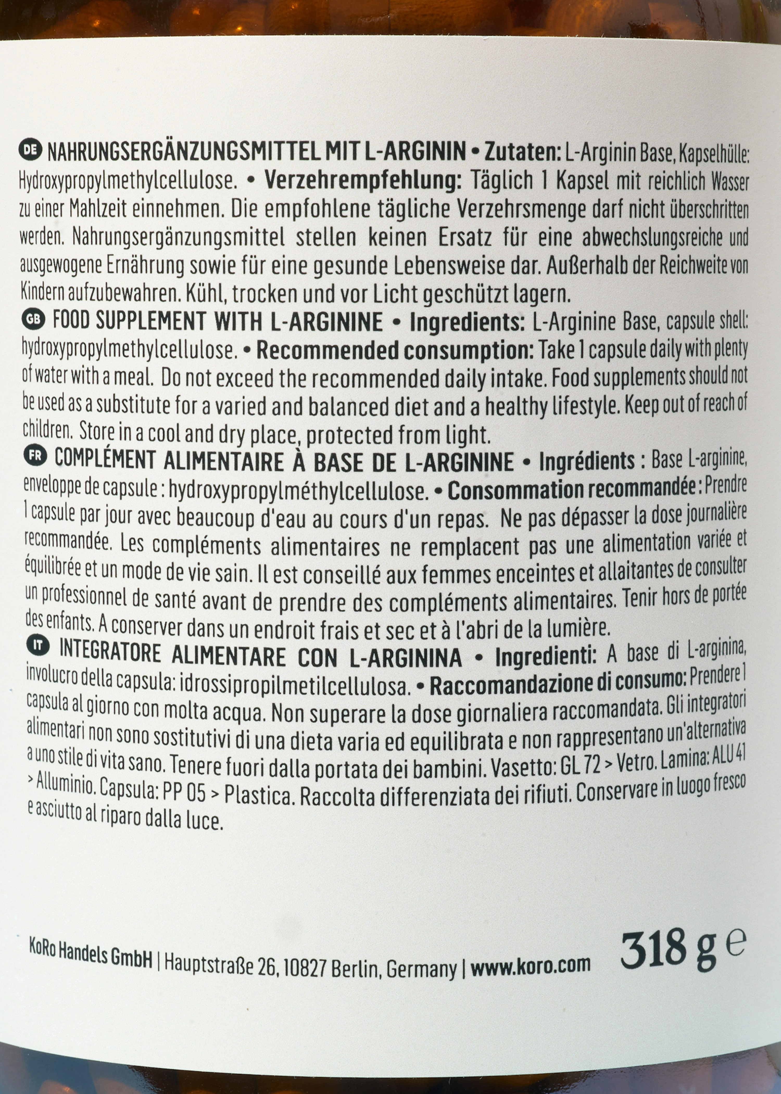 L-Arginin Base aus Fermentation Kapseln 365 Stück
