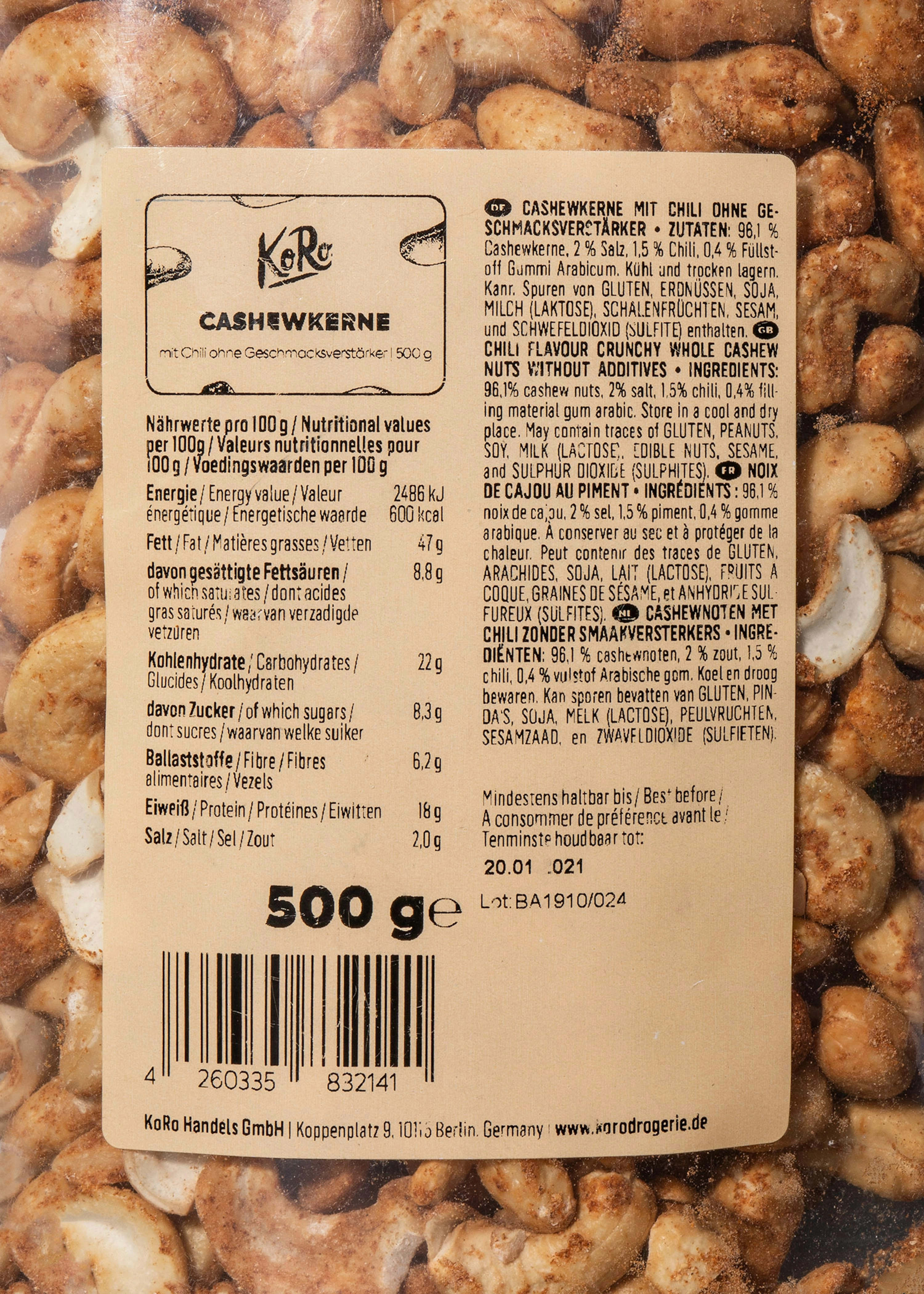 Cashewkerne mit Chili ohne Geschmacksverstärker 500 g