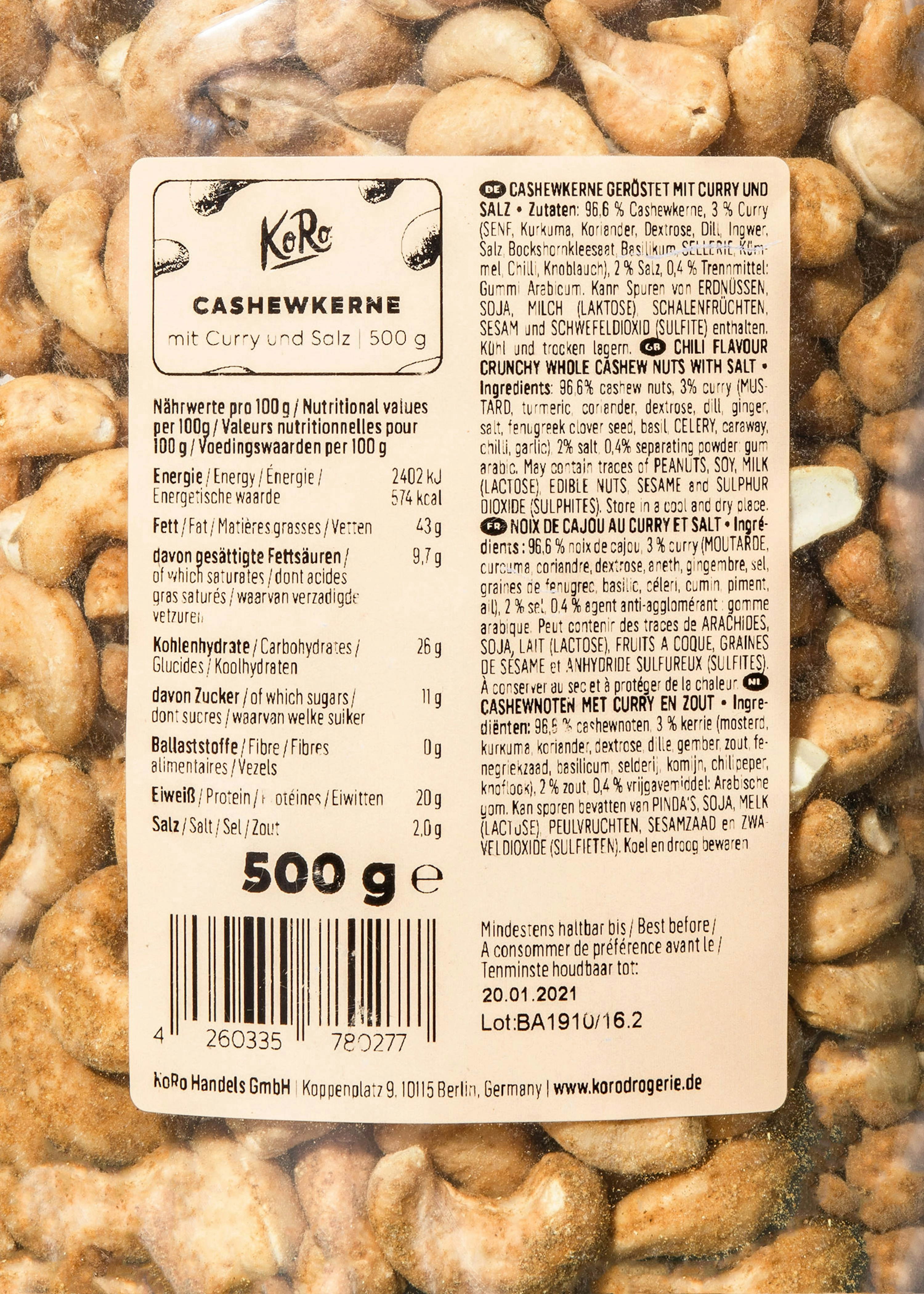 Cashewkerne mit Curry ohne Geschmacksverstärker 500 g
