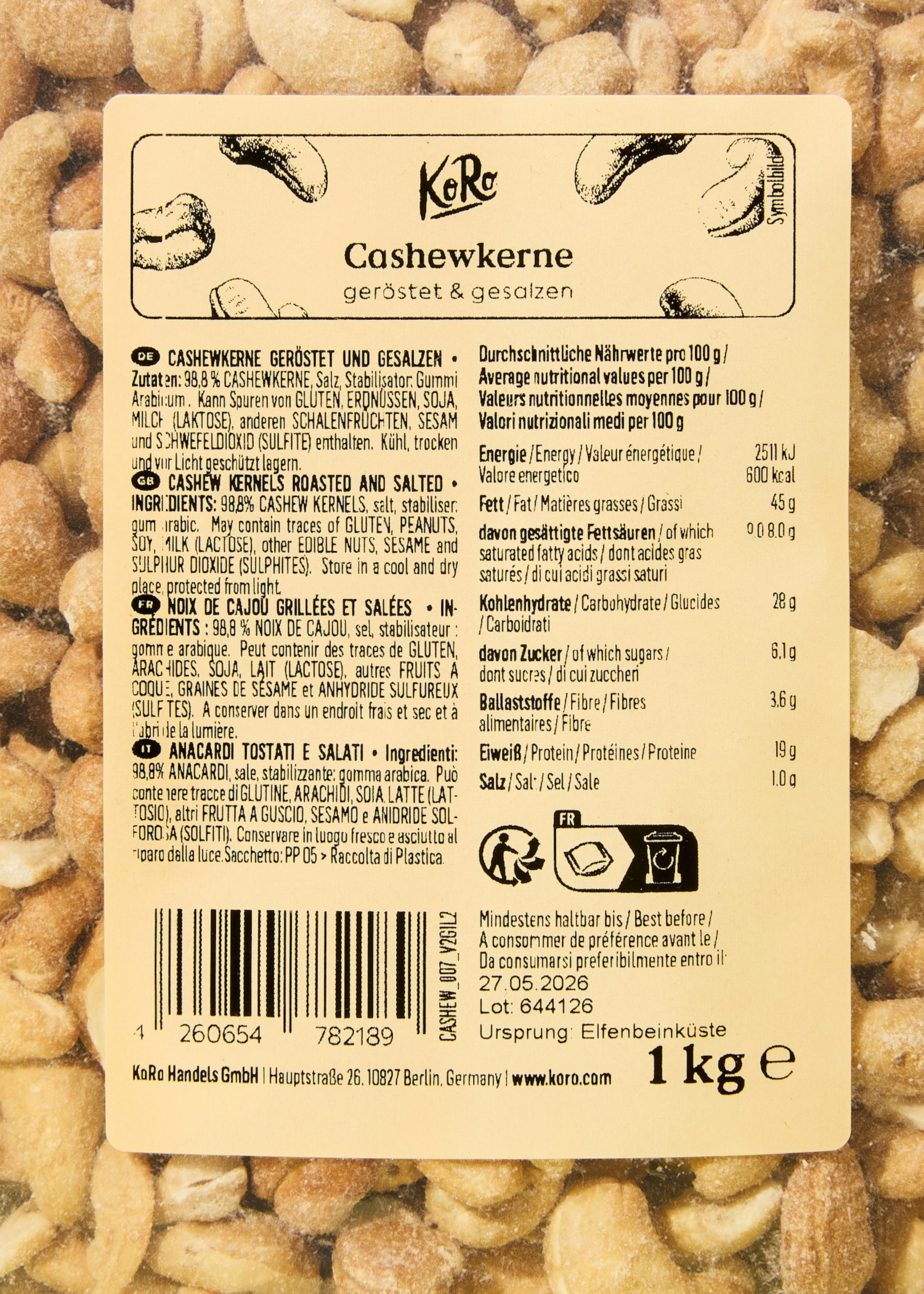 Geröstete und gesalzene Cashewkerne 1 kg