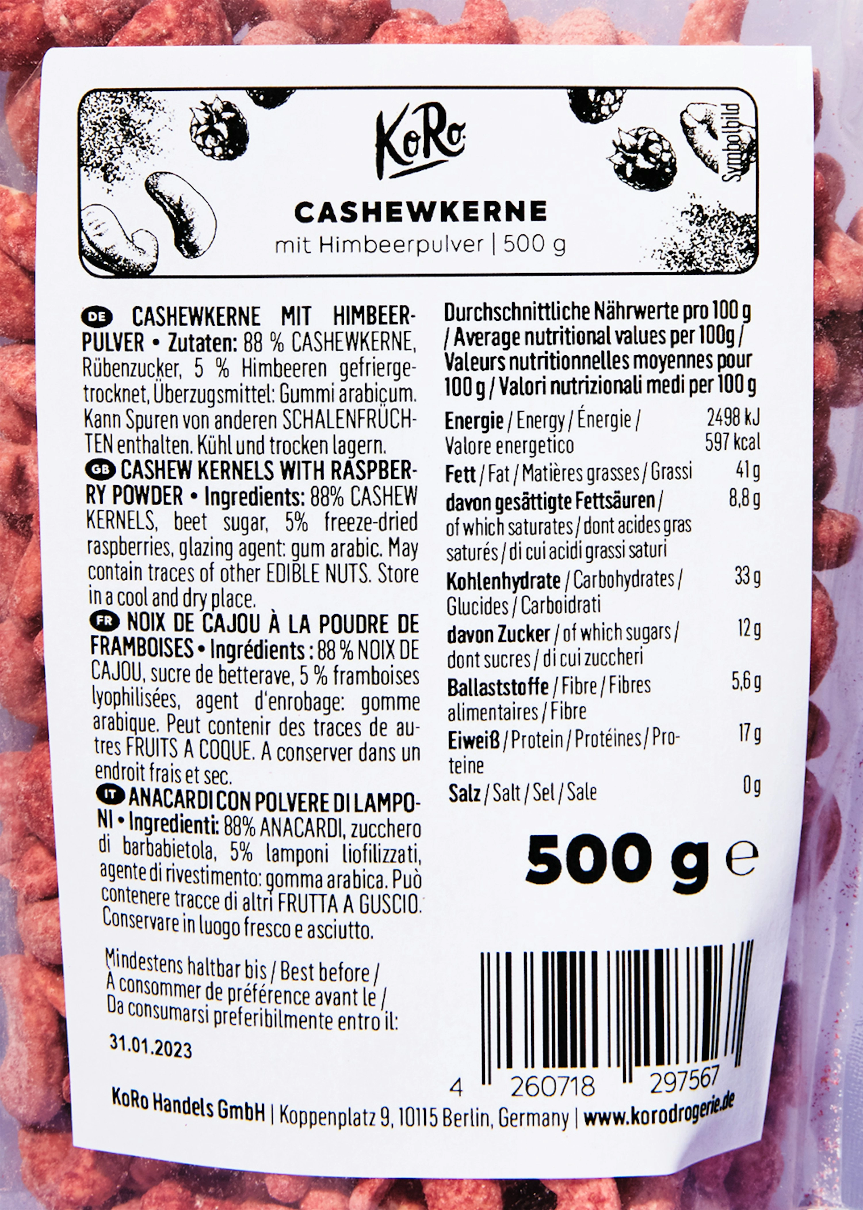 Cashewkerne mit Himbeerpulver 12 x 500 g