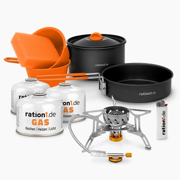 Gaskocher-Paket mit Alu-Topfset, 3x Gaskartusche und Zubehör