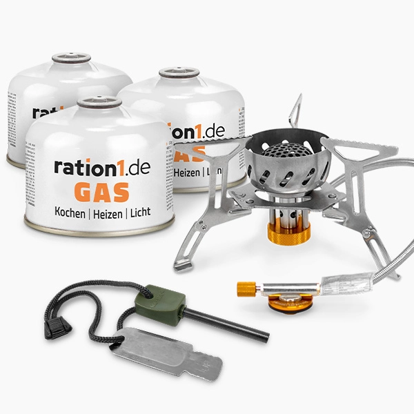 Gaskocher-Set mit 3x Gaskartusche und Zündstahl, kompakt und leicht